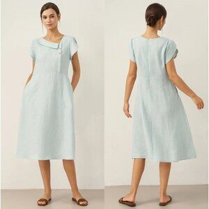 NWT LINTICO Linen Crescent Collar Flutter Sleeve Midi Dress Aqua Blue Size XXL